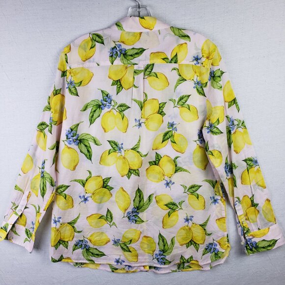 Talbots Button-Up Shirt Blouse Lemon Print Fruits Floral Preppy Resort size L - Picture 10 of 14